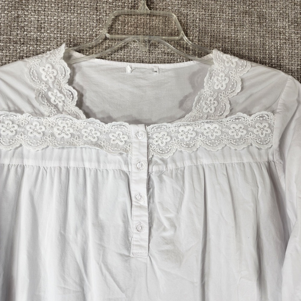 Cottagecore White Cotton Woven Nightgown Womens XXL Lace Ruffle Crisp EUC - Picture 2 of 11
